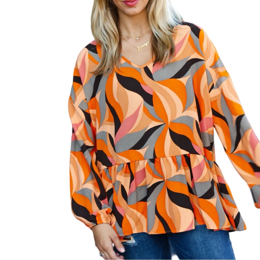 NEW HAPTICS RUST ABSTRACT PRINT V NECK PEPLUM TOP - Picture 6 of 10